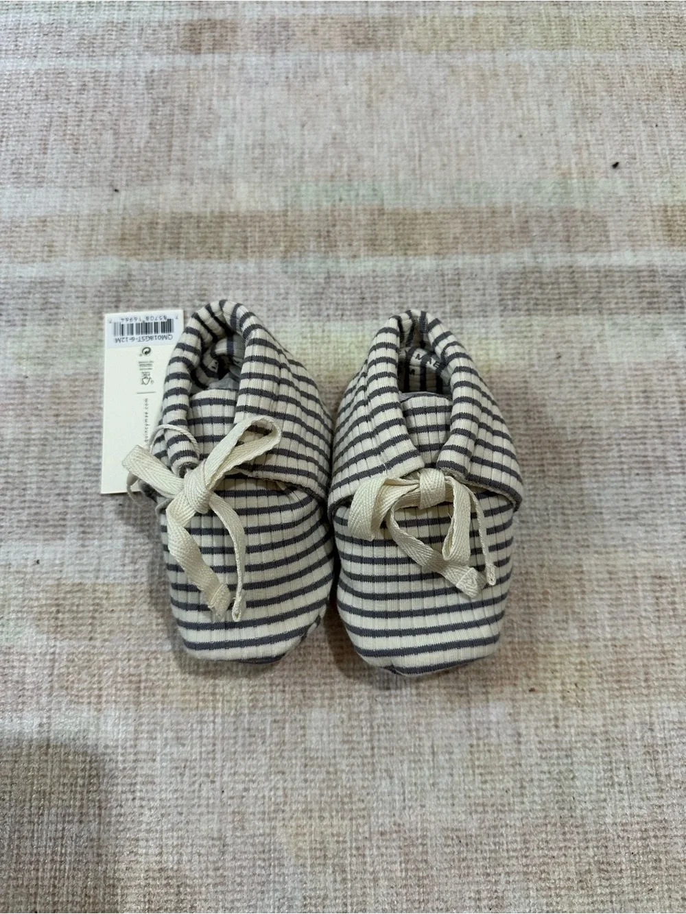 Striped Cotton Baby Booties - Grey & Cream